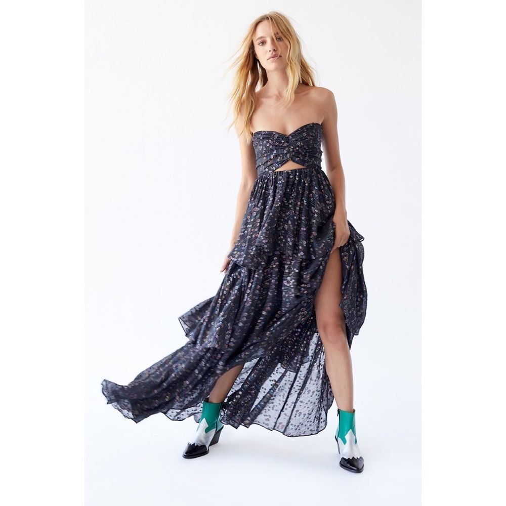 Free People x Mestiza Brianna Metallic Strapless Ruffle Tiered Gown $795 Sz 10